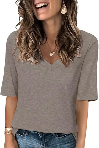 Vista 13 de Minetom Camisetas de verano básicas de media manga con cuello en V para mujer