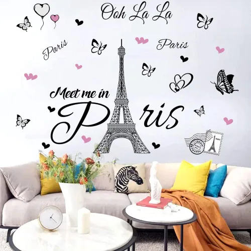 Vista 7 de Calcomanía de pared de la Torre Eiffel de París, calcomanía de pared autoadhesiva removible, decoración para dormitorio, cocina, oficina