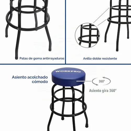 Vista 4 de WORKPRO Taburete de garaje resistente, asiento de cojín giratorio, marco de acero