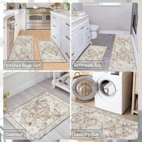 Vista 2 de Cekene Juego de 2 alfombras y tapetes acolchados para cocina, antifatiga, tapetes de cocina para piso, tapetes de cocina estilo bohemio de granja