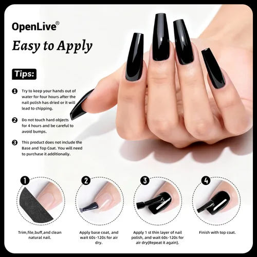 Vista 6 de OpenLive Esmalte de uñas negro de 0.6 fl oz, gran volumen, secado rápido, secado rápido y de larga duración, arte de uñas de color para bricolaje