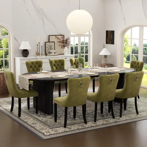 Vista 22 de Juego de mesa de comedor ovalada extensible con 4 sillas tapizadas de terciopelo de alta gama, mesa de cocina de 59 a 91 pulgadas y sillas