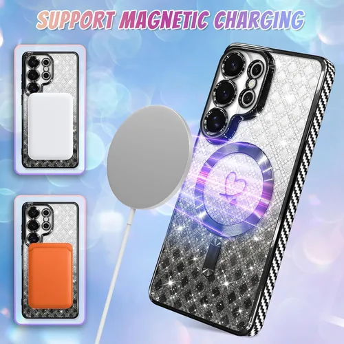 Vista 679 de Bonoma - Funda compatible con Samsung Galaxy S21 Plus, diseño de corazón con purpurina, color rosa Support for MagSafe, Plating Magnetic Case TPU