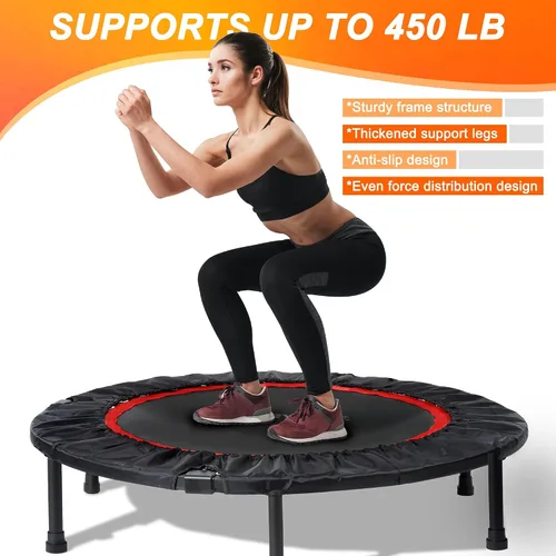 Vista 2 de Foldable Mini Trampoline Load 330lbs, 40"/48" Rebounder Trampoline for Adults with Durable Bungee Band and Adjustable Foam Handle for Home Gym