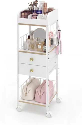 Vista 10 de Makeup Organizer Cart, Rolling Floor Skincare Organizer and Storage with 2 Wooden Drawers, Cosmetics Display Cases Holder for Skin Care Perfume Hair
