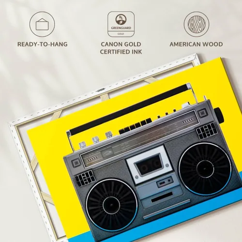 Vista 6 de ElephantStock - Retro Silver Boombox Wall Art - Horizontal Canvas Wall Art - Living Room Wall Decor - Photography Music Canvas Art - Yellow And