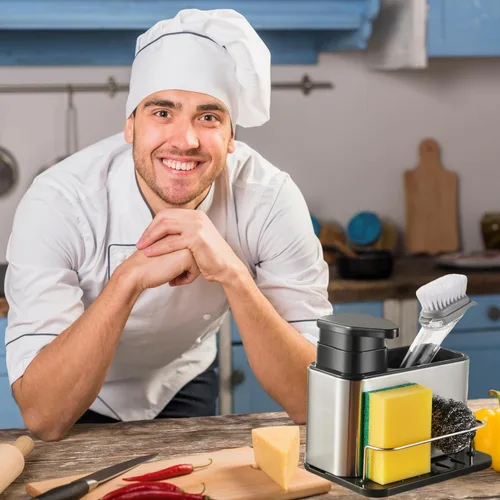Vista 2 de LIBODOUR Dispensador de jabón para fregadero de cocina y baño, soporte de esponja 3 en 1 para cocina, organizador de dispensador de jabón