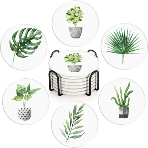 Vista 7 de Britimes Juego de portavasos de mesa para bebidas de 6 piezas, lindo diseño vintage musical retro geométrico absorbente de café redondo de cerámica