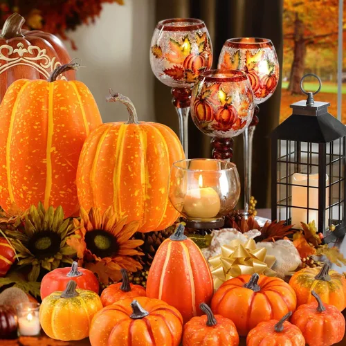 Vista 8 de Ywlake 16 piezas de calabazas de otoño, decorativas grandes y pequeñas para exteriores, de espuma naranja, de plástico, falsas, calabazas