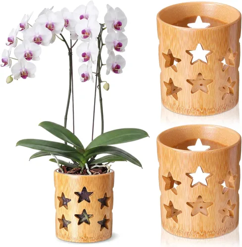 Vista 8 de Paquete de 2 macetas de bambú, maceta redonda transpirable de 4 pulgadas con diseño hueco para un flujo de aire óptimo, orquídea marrón claro