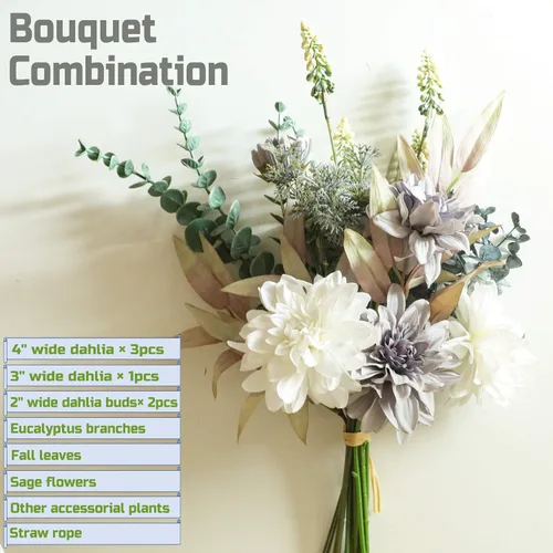 Vista 2 de Ramo de flores artificiales, 2 ramos de boda de 20 pulgadas con dalias de seda para dama de honor, novia, bricolaje, decoración del hogar, centros