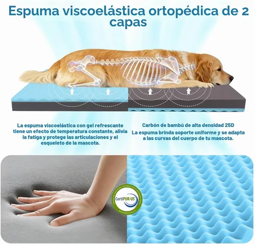 Vista 2 de Cama refrescante para perros grandes, cama ortopédica de espuma viscoelástica para mascotas con funda extraíble lavable, ideal para perros Azul