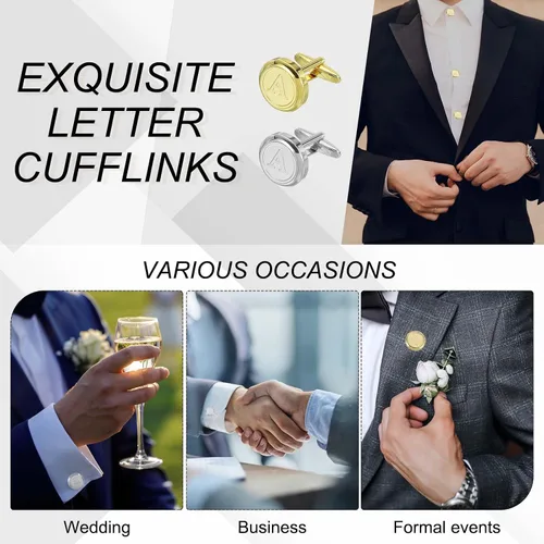 Vista 6 de uxcell Gemelos clásicos con inicial para hombre, gemelos de cobre para hombre, letras del alfabeto A-Z, esmoquin, con caja de regalo, para negocios