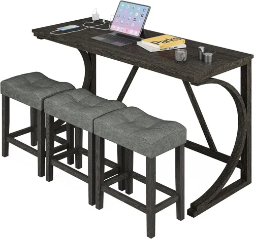 Vista 11 de allamazing Juego de Mesa de Bar de Altura de Mostrador de 3 Piezas con Enchufe y 2 Taburetes de Bar Acolchados de Tela, Juego de Mesa de Comedor 1+2