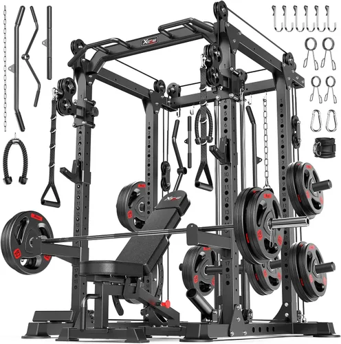 Vista 18 de Power Cage - Rack de Potencia Multifunción con Sistema de Cruce de Cables, Rack para Sentadillas de Capacidad de 1800 LBS con Banco de Pesas