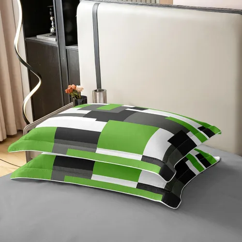 Vista 5 de Funda de edredón geométrica 100% algodón, tamaño individual, juego de ropa de cama de retazos, verde, negro, gris, blanco, retro, estética, rústica