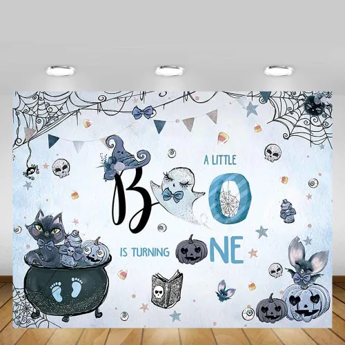 Vista 5 de MEHOFOND Fondo espeluznante de 7 x 5 pies para fotografía de primer cumpleaños de Halloween para niño, acuarela azul, Halloween, boo, fiesta