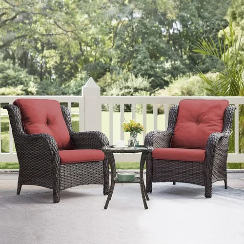 Vista 19 de HUMMUH Juego de 2 sillas de mimbre para patio, sillas de comedor de ratán de polietileno para exteriores, con cojines de asiento de 4 pulgadas