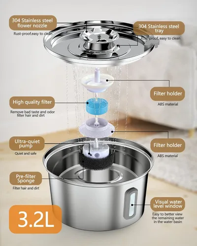 Vista 7 de Fuente de agua para gatos, fuente para gatos de 3.2L/108 onzas con ventana de nivel de agua, fuente de agua para mascotas de acero inoxidable