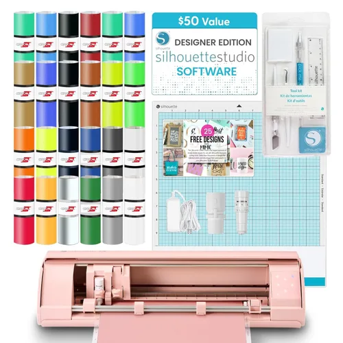 Vista 8 de Silhouette Cameo 4 Pink Bundle con kit de inicio de vinilo, kit de inicio de transferencia de calor, 2 Autoblade 2, kit de herramientas CrafterCuts