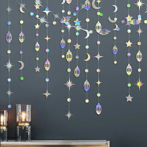 Vista 4 de Decoración iridiscente de Eid Mubarak Ramadán colgante de arco iris, estrella, luna, círculo, punto de media luna, lámpara de guirnalda, banderín