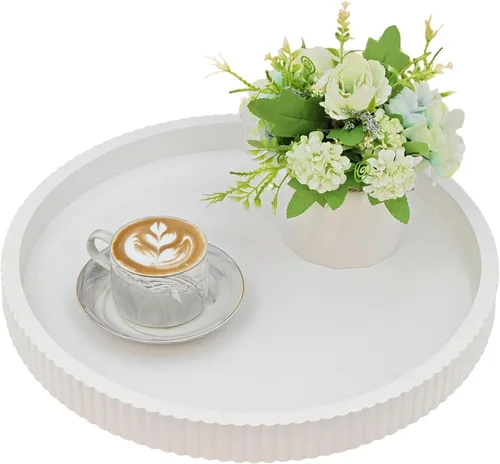 Vista 7 de Carah & Cossh Bandeja redonda de madera para servir, bandeja de madera decorativa negra, bandeja decorativa moderna redonda de 16 pulgadas, perfecta