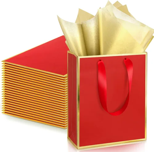Vista 35 de Yeaqee Paquete de 24 bolsas de regalo de papel metálico con asa y tejido de 9 x 7 x 3.1 pulgadas, papel de aluminio dorado, bolsas de agradecimiento