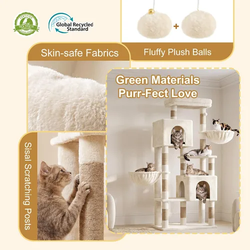 Vista 8 de Heybly Árbol para gatos de 68.1 pulgadas con plataforma superior de gran tamaño y base ancha, torre para gatos grandes de interior con 2