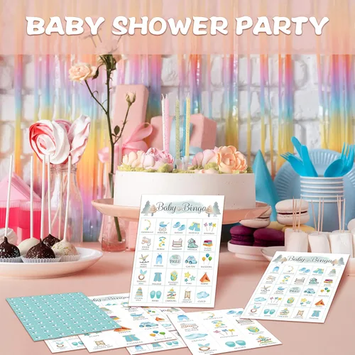 Vista 4 de Tarjetas de bingo para bebé, juego azul para baby shower para 24 jugadores, juegos de fiesta de revelación de género para actividades familiares