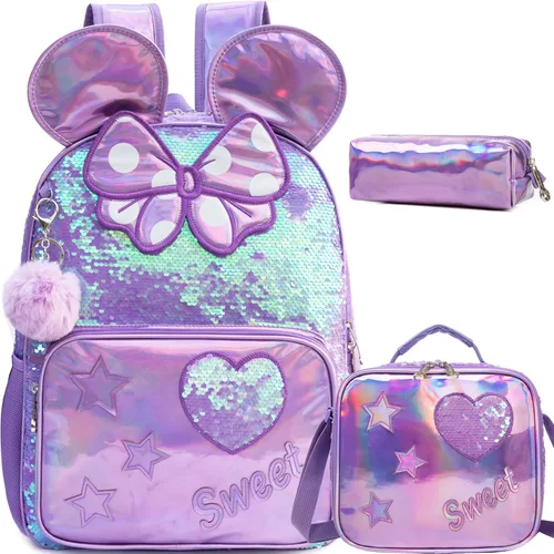 Vista 25 de Mochila para niñas de 16 pulgadas, mochilas para niñas para la escuela, mochila de lentejuelas con lonchera para estudiantes de primaria
