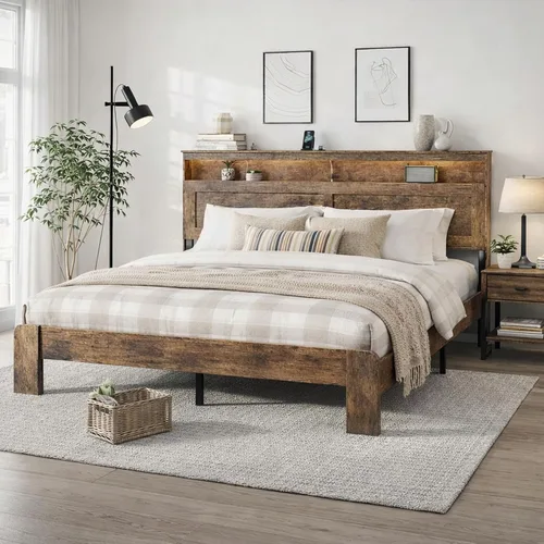 Vista 3 de Armazón de cama de madera tamaño King con cabecero - Plataforma de cama rústica estilo granja con soporte de listones de metal, resistente y sin