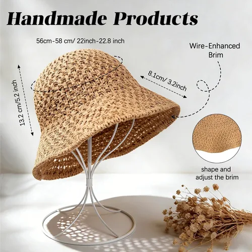 Vista 2 de Sombrero de playa para mujer, sombrero de paja para verano, protección UV, plegable, transpirable, estilo de ganchillo caqui (1pack-khaki)