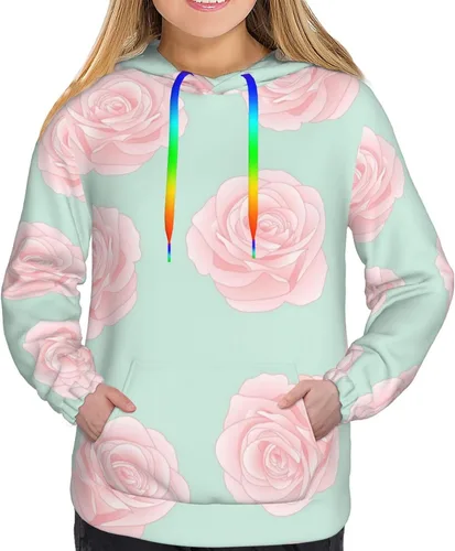 Vista 4 de BcoDoN Womens Pink Rose On Green Hoodies Sweatshirt Hooded Pullover Tops For Ladies