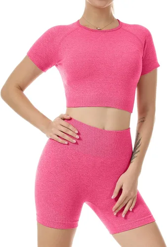 Vista 2 de Nicytore Conjuntos de yoga para mujer, conjunto de 2 piezas, sin costuras, manga corta, pantalones cortos, leggings de entrenamiento, ropa deportiva