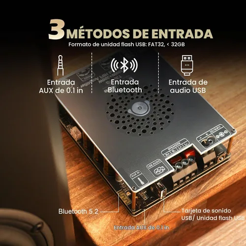 Vista 4 de Tablero amplificador de audio de 600 W con control de agudos y graves, chips TPA3255, CC 19-51 V, entradas Bluetooth 5.2 y AUX, placa AMP estéreo