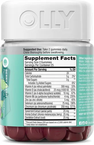Vista 7 de OLLY Gomita de tez impecable, soporte para una piel clara y saludable, vitaminas E, A, zinc, suplemento masticable, sabor bayas, 50 piezas