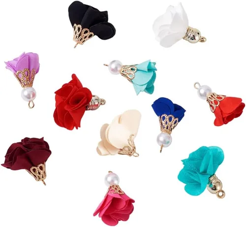 Vista 2 de Cheriswelry Colgantes de flores de tela de tela con pétalos florales con tapa dorada para aretes de bricolaje, llavero, fabricación de joyas