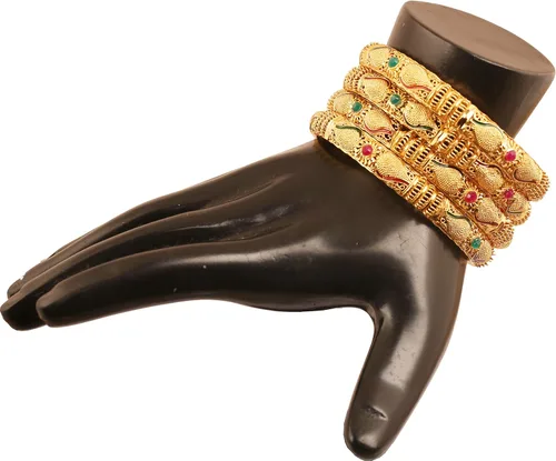 Vista 8 de Touchstone Pulsera de metal pelado con grabado a mano de Bollywood indio Jaipur Meenakari esmaltado exclusivo de joyería de diseñador en tono dorado