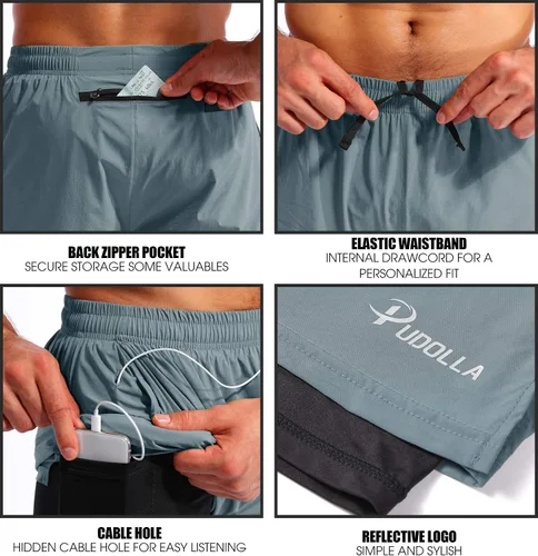 Vista 5 de Pudolla Mens 2 in 1 Running Shorts 7" Quick Dry Gym Athletic Workout Shorts for Men with Phone Pockets