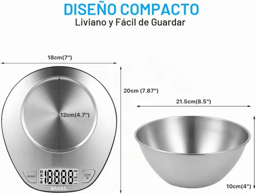 Vista 2 de BAGAIL - Báscula digital de cocina con cuenco de acero inoxidable, 11 lb