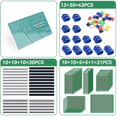 Vista 2 de Smraza Kit de placa PCB de doble cara de 104 piezas, placas de prototipo para soldadura de bricolaje y placas de circuito electrónico compatibles