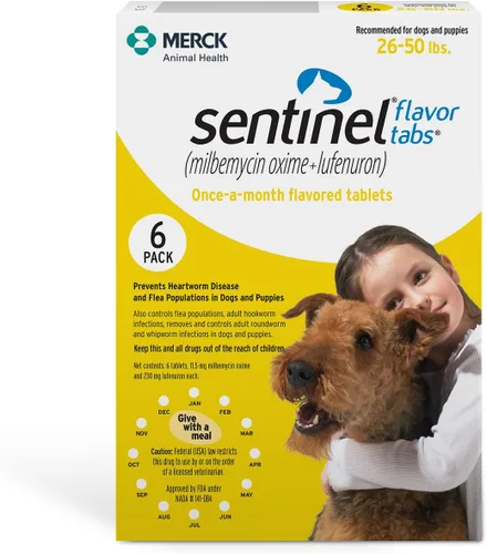 Vista 10 de Pastillas con sabor Sentinel para perros, 23-45 kg, 6 tabletas masticables, suministro de 6 meses, Caja blanca