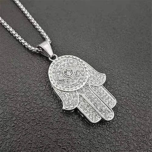 Vista 4 de Turkish Evil Eye Hand of Fatima Pendant Necklace Gold Color Stainless Steel Iced Out Chains For Women Men Hip Hop Jewelry
