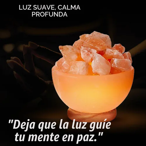 Vista 4 de Himalayan Glow Lámpara de cuenco de masaje con trozos de cristal de sal natural, cable de atenuación con base de madera clásica, lámpara de sal