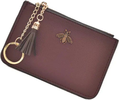 Vista 7 de Monedero de cuero para mujer con llavero, cartera de cambio, tarjetero con borla y cremallera, Negro, Pequeño, Minimalista