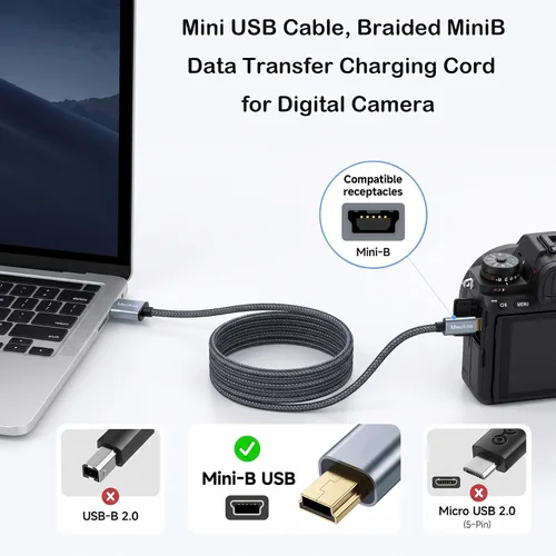 Vista 3 de NA Meokse - Cable mini USB de 20 pies / 19.7 ft, cable USB 2.0 trenzado de nailon tipo A a mini B con carcasa de aluminio y conectores chapados