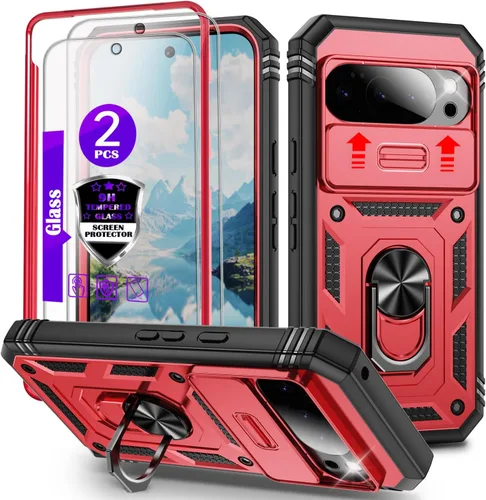 Vista 24 de Funda para Pixel 9 Pro XL con cubierta deslizante para cámara, 2 protectores de pantalla de vidrio templado, soporte de anillo giratorio de 360°