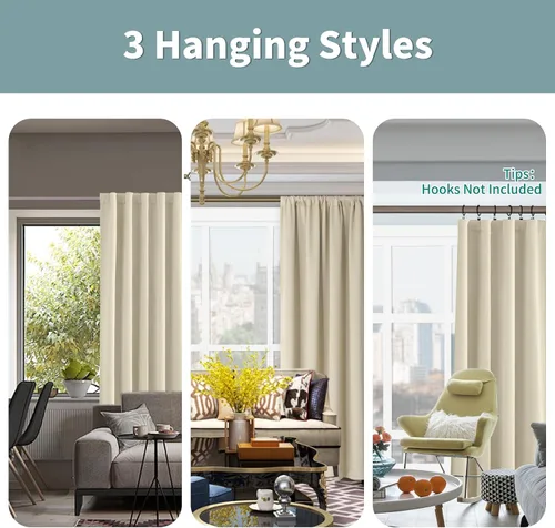 Vista 3 de BGment Cortinas 100% opacas beige de 63 pulgadas de largo con forro aislante térmico, bolsillo para varilla y lengüeta trasera de doble capa