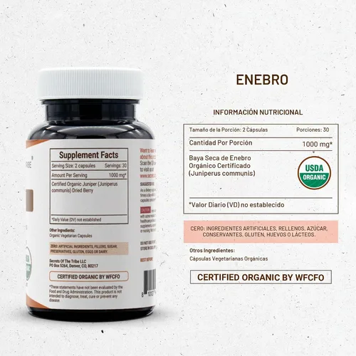 Vista 4 de Secrets of the Tribe Juniper 60 Cápsulas, 1000 mg, USDA Organic Enebro (Juniperus communis) Baya Seca (60 Cápsulas)