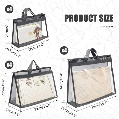 Vista 2 de 12 bolsas para el polvo para bolsos, bolsas de almacenamiento transparentes para mujeres, 3 tamaños, organizador de bolso, funda organizadora